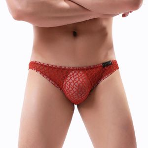 Mutande da uomo sexy slip traspirante ultra sottile liscio di seta ghiacciata vedere attraverso l'estate U sacchetto convesso biancheria intima di pizzo Hombre