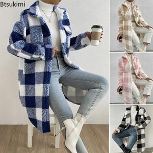 Women's Trench Coats 2024 Thick Warm Jackets Autumn Winter Elegant Open Button Lapel Plush Plaid Loose Temperament Commuter Long Coat