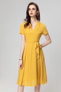 2024 Summer Cotton Silk Pleated Women's Dress Bow V-Neck Zipper Long-Sleeve Woman's Casual Long Dresses AS072