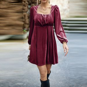 Giyim Kadınlar Kare Boyun Velvet Elbise Vintage Puff Sleeve Courtly Viktorya Katı Kısa Elbiseler Zarif Shirred Akşam Yemeği Partisi Elbiseler