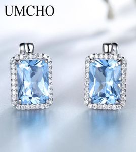 Polsino dell'orecchio UMCHO Lusso Nano Sky Blue Topaz Gemstone Clip su orecchini Gioielli in argento sterling massiccio 925 per le donne Regalo di compleanno 22113808708