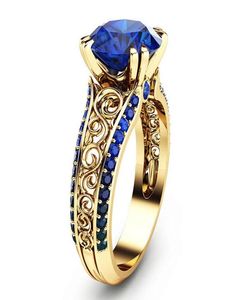 Vintage Carving Blue Crystal Sapphire Ruby Gemstones Rings for Women Diamonds 14k Gold Color Jewelry Bijoux Bague Gifts8974836