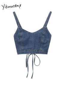 Camis Yitimuceng Denim Tank Top Kadınlar Yaz 2023 Yeni Moda Seksi Geri Dantel Yukarı Kot Y2K mahsul üst sokak kıyafeti mavi mahsul üstleri