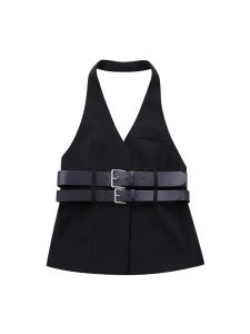 Waistcoats zadata Nya kvinnors fashionabla och mångsidiga fast färg Personlig bälte halterhals sexig backless vneck väst