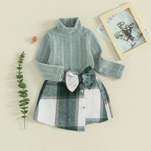 衣料品セットキッズベビーガール2ピース服装秋の服かわいい長袖タートルネックニットリブトップと格子縞のボタンミニスカートセット