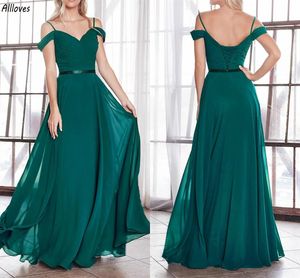 Hunter Green Off Shoulder Bridesmaid Dresses With Straps A Line Chiffon Pleats Floor Length Maid Of Honor Gowns Women Formal Wedding Guest Prom Dress CL3364