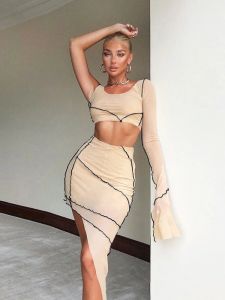 Dress One Shoulder Ruffles Sheer Two Piece Set Mesh Mini Skirts Long Sleeve Tops Sexy Asymmetrical Outfit Temperament Evening Dresses