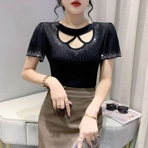 2022 Summer Royal Sister Mesh Heavy Industry Hot Rolled Diamond Fashion Round Neck ihålig ut mångsidig Mesh Ruffle Kort Kort ärm Kvinna Sexig