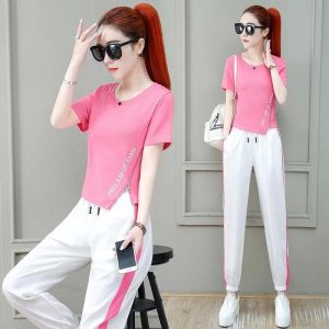 Suits Women's Casual Sports Suit 2022 Summer New Fashion Bundle of Feet Pants Pink Short Sleeved Tshirt Tops Two Piece Set for Women