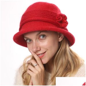 Stingy Brim Hats Knitted Top Hat For Women Flower Winter Thickened Warm Caps Brim Hats Beanie Bucket Fashion Drop Delivery Fashion Acc Dh6Zd