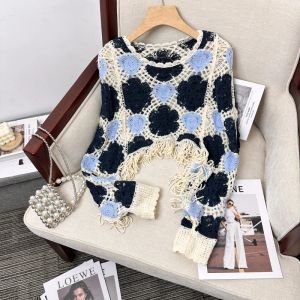 Pullovers stickade tröjor för kvinnor lapptäcke krok blomma ihåliga tofsar toppar höst koreanska modesvattare kvinna tröjor dropshipping