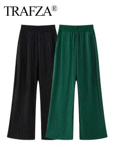 Capris Trafza 2023 Autumn Trousers for Women Fashion Trend Elastic midja Löst lång pant kvinna High Street Women's Wide Leg Pants