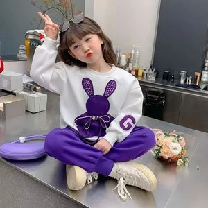 Autumn Toddler Baby Girl Clothes Set Kids Sports Cartoon Rabbit Sweatshirt Bow Pants 2sts Suit Teenage Tracksuit Letter Outfits 240226