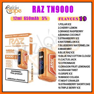 Original RAZ TN9000 Puff Einweg-Vape Pen Tech E-Zigaretten 650 mAh Akku 19 Geschmacksrichtungen 5 % Füllstand 12 ml Pod-Kartusche VS 9000 Puffs Geräteset