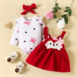 Dresses Autumn Newborn Baby Girl Clothes Sets Long Sleeve Bodysuit Cartoon Suspender Dress and Headband 3PCS Cute Baby Christmas Outfit