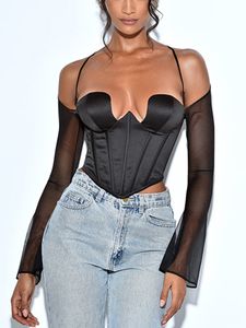 Women's T-Shirt Sexy Black Satin Corset Tops Low Cut Backless Fitted Mesh Long Sleeve Crop Top Womens Clothing Shirts Blouses