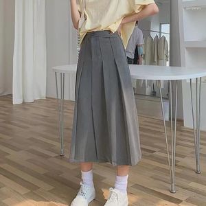 Skirts Pleated Grey Long For Women Fashion 2024 Summer Korean Style Casual High Waist A Line Midi Skirt School Gi