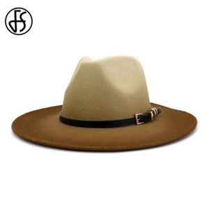 Beige Camel Wool Jazz Hat Kvinnor Män kände sig breda brimhattar Trilby Ladies Vintage Gradient Panama Fedora Cap med Belt Buckle283y