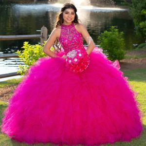 Сверкающее платье Quinceanera с оборками цвета фуксии и кристаллами для сладкого дня рождения 15/16, пежантовые платья для подростков, вечерние платья для выпускного вечера