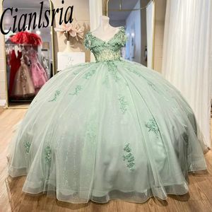 Mint Green Illusion Bow Back Quinceanera Dresses Ball Gown Off The Shoulder Beading Appliques Lace Sweet 15 Birthday