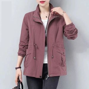 Trench 2023 New Spring Autumn Trench Coat Women Fashion Lining Windbreaker Drawstring Waist Stand Collar Base Coat Female Outerwear