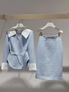 Sıradan Elbiseler Klasik Kadın Giyim 2024 Sonbahar/Kış Moda ve Muhteşem Parti Mavi Profesyonel Yün Bel Kısa Ceket Kadınlar için