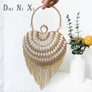 Luxury Bling Heart Shape Diamond Tassel Evening Clutch Rhinestones Purse Wedding Party Ladies Fashion Bag 240223