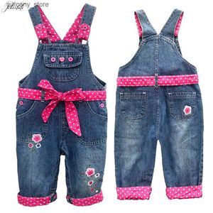 Jumpsuits 6m-3years Summer Spring Autumn Baby Baby Baby Rompers Dżins kombinezon Haft gorący różowy pasek do pasa dżinsów L240307