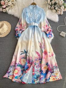 Günlük elbiseler bahar sonbahar çiçek baskı keten bohem elbise kadınlar standı uzun fener kolu fırfırlar düğmeleri kemer maksi cobe vestidos