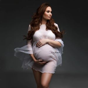 Elbiseler Beyaz Şifon Yaz Doğum Fotoğrafçılığı Props Kısa Elbise Parlama Kolu Hamilelikten Gör