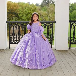 Сиреневое бальное платье, платья с цветочным узором для девочек, детское пышное платье со съемными длинными рукавами и кружевной аппликацией, платье принцессы для дня рождения для малышей