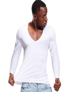 Solid Color Tshirt for Men Deep V Neck Top Tees Male Low Cut Wide Collar Cotton Slim Fit Long Sleeve Men T Shirt Y03232685090