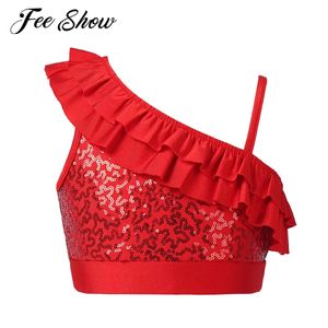 Kids Girls Dance Crop Top Asymmetrical Shoulder Straps Sleeveless Sequins Ruffle Tops Ballet Jazz Dance Stage Performance Wear 240301