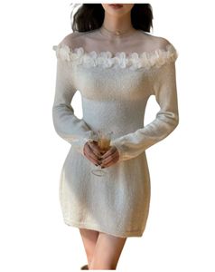 Women's o-neck long sleeve gauze patchwork sexy perspective 3D flowers knitted short dress SMLXL