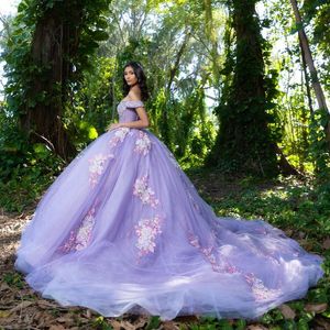 Leylak Kapalı Omuz Quinceanera Elbise Dantel Aplike Beading Tull Meksikalı Tatlı 16 Vestidos De XV 15 Anos Doğum Günü
