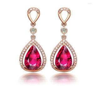 Dingle örhängen 925 Silver Temperament Pigeon Blood Red Plated 18k Rose Gold Gemstone Color Treasure Drop Shaped for Women Jewelry1376836