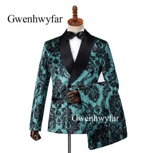 Jackets Gwenhwyfar Black Flower Printed Velvet Men Suit Slim Fit Wedding Peacock Green Suits for Men Prom Groom Tuxedo Jacket with Pants