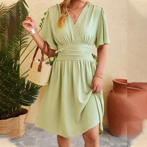 Vestidos casuais verão para mulheres 2024 cor sólida feminina v pescoço cintura mangas largas moda vestido feminino sundress