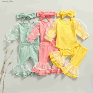 Jumpsuits ma baby 0-2Y Newborn Infant Baby Girls Clothes Sets Toddler Mesh Daisy Romper Flare Pants Headband Fall Spring Outfits D06 L240307
