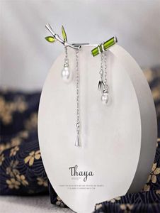 Thaya emaljkvinnor örhängen grön bambu dingle med pärla retro söt s för silver mode smycken 2201088982827