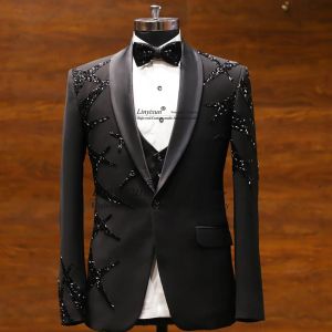 Suits Luxurious Metallic pärlor Män passar Wedding Prom Groom Tuxedos 3 stycken Brudgummen Prom Blazers Slim Fit Male Costume Homme