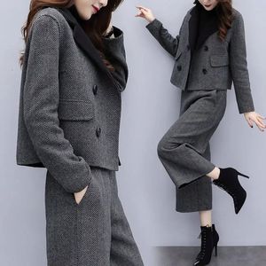 Kvinnor blazer byxor passar mode dubbelbröst tweed jacka elastisk midja lösa bredbenta byxor 2st matchande set 240228