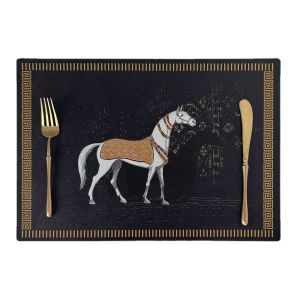 Classic Mild Luxury Retro Steed Printed Dining Table Placemat Waterproof Oil-Proof Leather Western-Style Placemat Table Mat 45*32.5cm