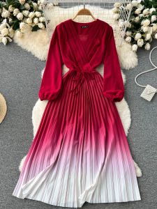 Dresses Purple/yellow/red Draped Long Dress Women Elegant Vneck Puff Sleeve High Waist Pleated Aline Party Vestidos Female Spring Fall