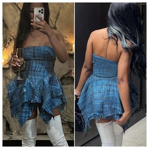 Casual Dresses Plaid Print Y2K Strapless Backless A Line Dress Women Summer Sexy Sleeveless Mini Party Short Streetwear Club Outfits