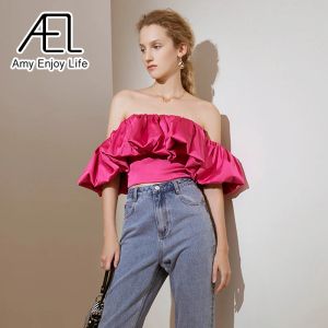 Camis AEL Off Schulter Crop Tops Rüschen Frauen Sommer Kurzarm Dame Sexy Slash Neck Liebsten Bluse Rose Rot und Weiß