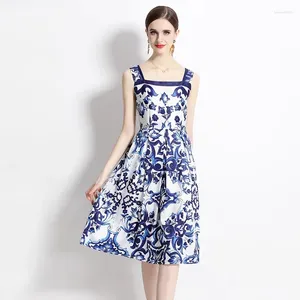 Casual Dresses Women's Vintage Blue And White Porcelain Print Dress Summer Fashion Sleeveless Off Shoulder Vest Ladies Holidays Robes