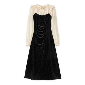 2024 primavera preto contraste cor painel vestido manga longa em torno do pescoço midi vestidos casuais w4m053302