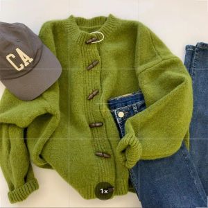 Cardigans Green Button Knitted Cardigan Women's Autumn/winter New Loose Short Thickened Round Neck Long Sleeve Sweater