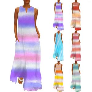 Casual Dresses Summer For Women 2024 Women's Colorful Print V Neck Sleeveless Boho Long Dress Female Sundress